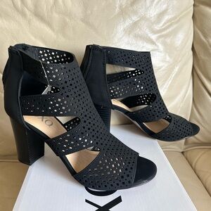 XOXO Black Perforated Cutout Block Heel Sandals
